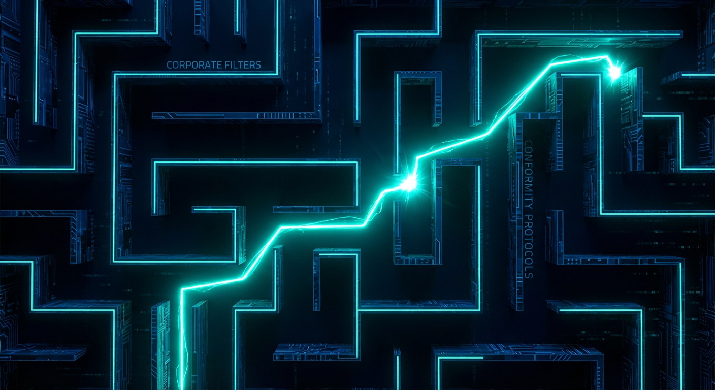 Cyfrowy, sztywny labirynt z góry (top-down) symbolizujący „Filtry Korporacyjne” i systemy ATS, przez który turkusowa (teal) ścieżka światła wyznacza nieliniową drogę sukcesu kandydata z ADHD, omijając tradycyjne schematy rekrutacyjne.