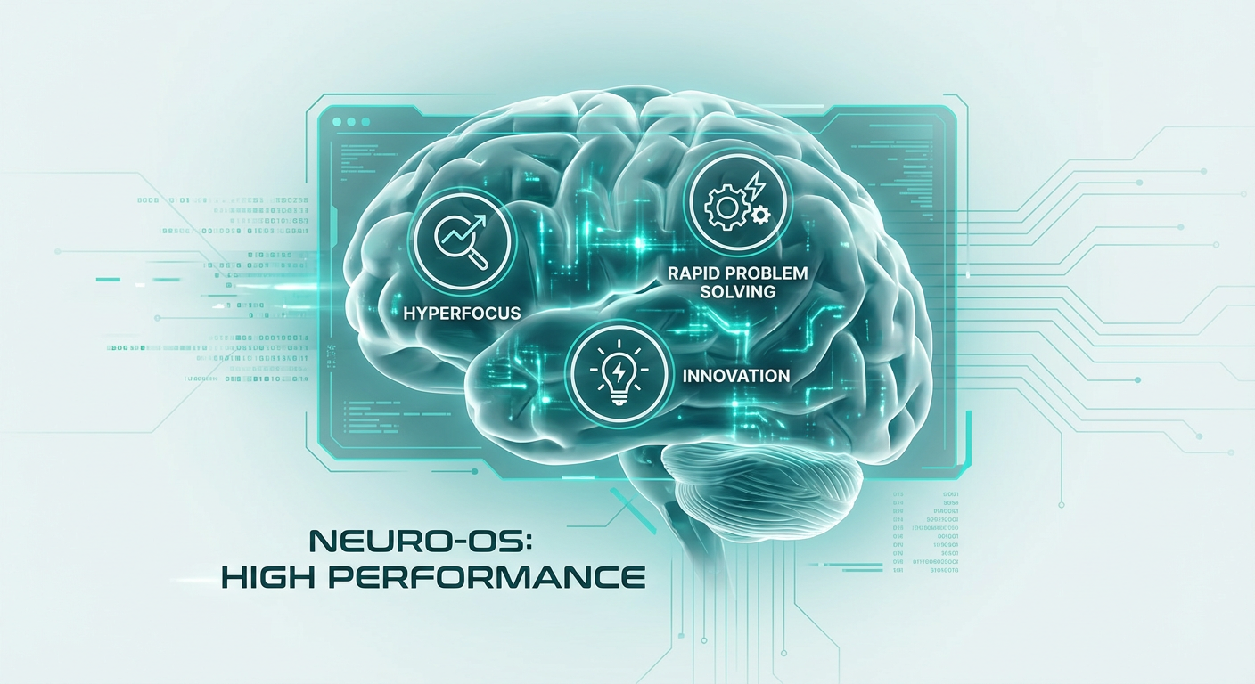 Futurystyczna ilustracja mózgu jako interfejsu komputerowego „Neuro-OS: High Performance” z ikonami hiperkoncentracji, innowacyjności i szybkiego rozwiązywania problemów, styl NeuroJob.