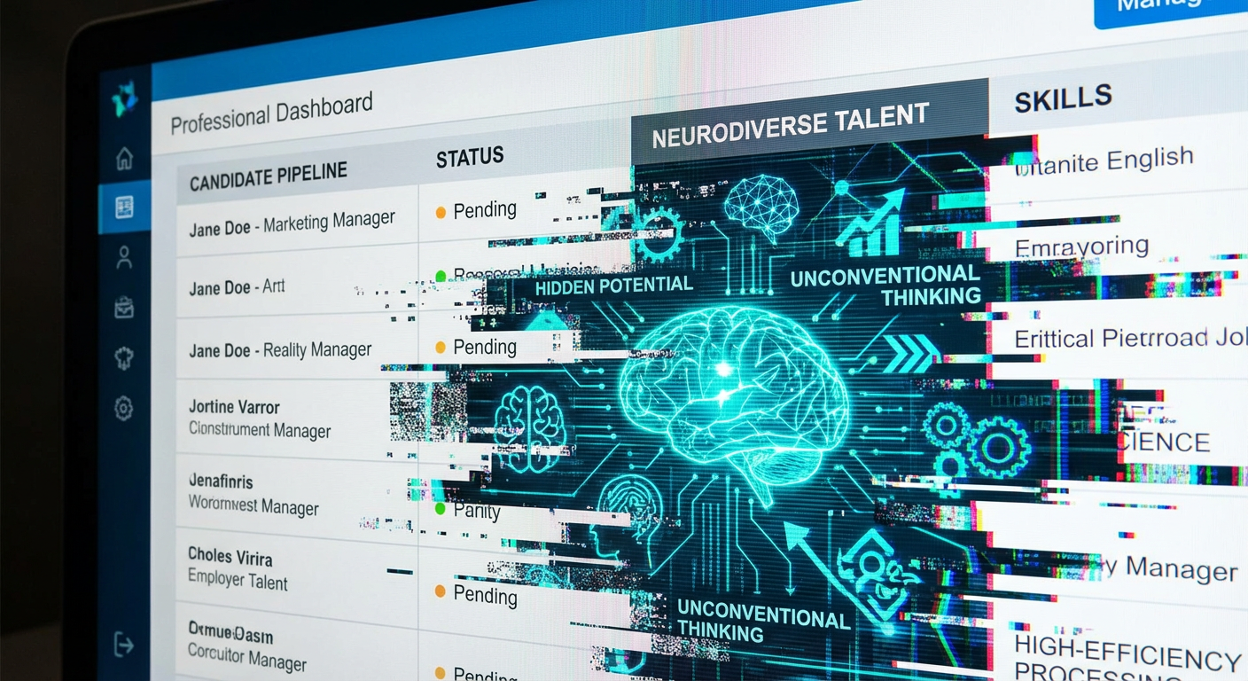 Zbliżenie na ekran monitora z cyfrowym panelem rekrutacyjnym „Professional Dashboard”. Centralnym punktem jest świecąca, turkusowa grafika ludzkiego mózgu z napisem „Neurodiverse Talent”, otoczona hasłami: „Hidden Potential”, „Unconventional Thinking” oraz „High-Efficiency Processing”. Obraz symbolizuje nowoczesną analitykę potencjału osób z ADHD i autyzmem w biznesie 2026.